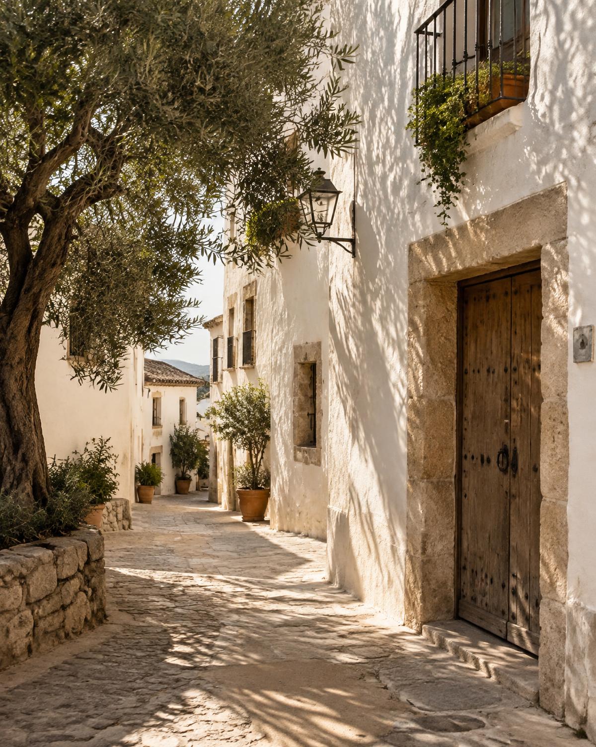 Ruhige Gasse in einem weißen spanischen Dorf mit Olivenbaum