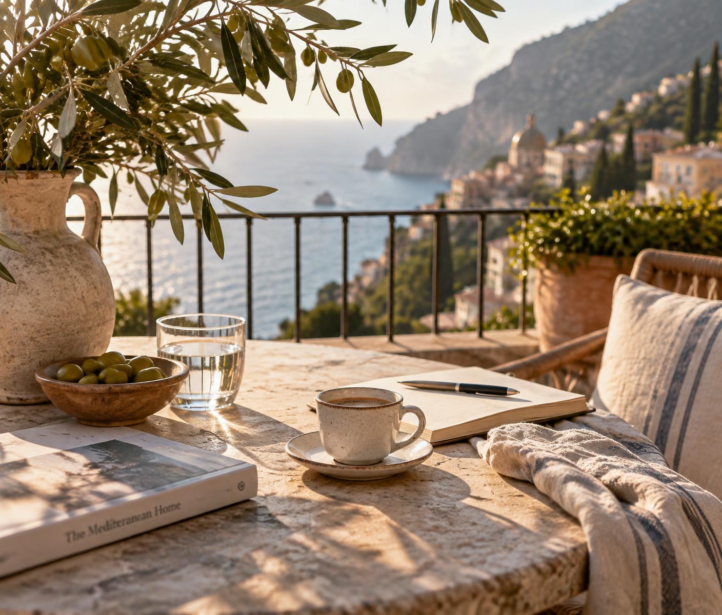 Sonnige mediterrane Terrasse mit Kaffee und Notizbuch